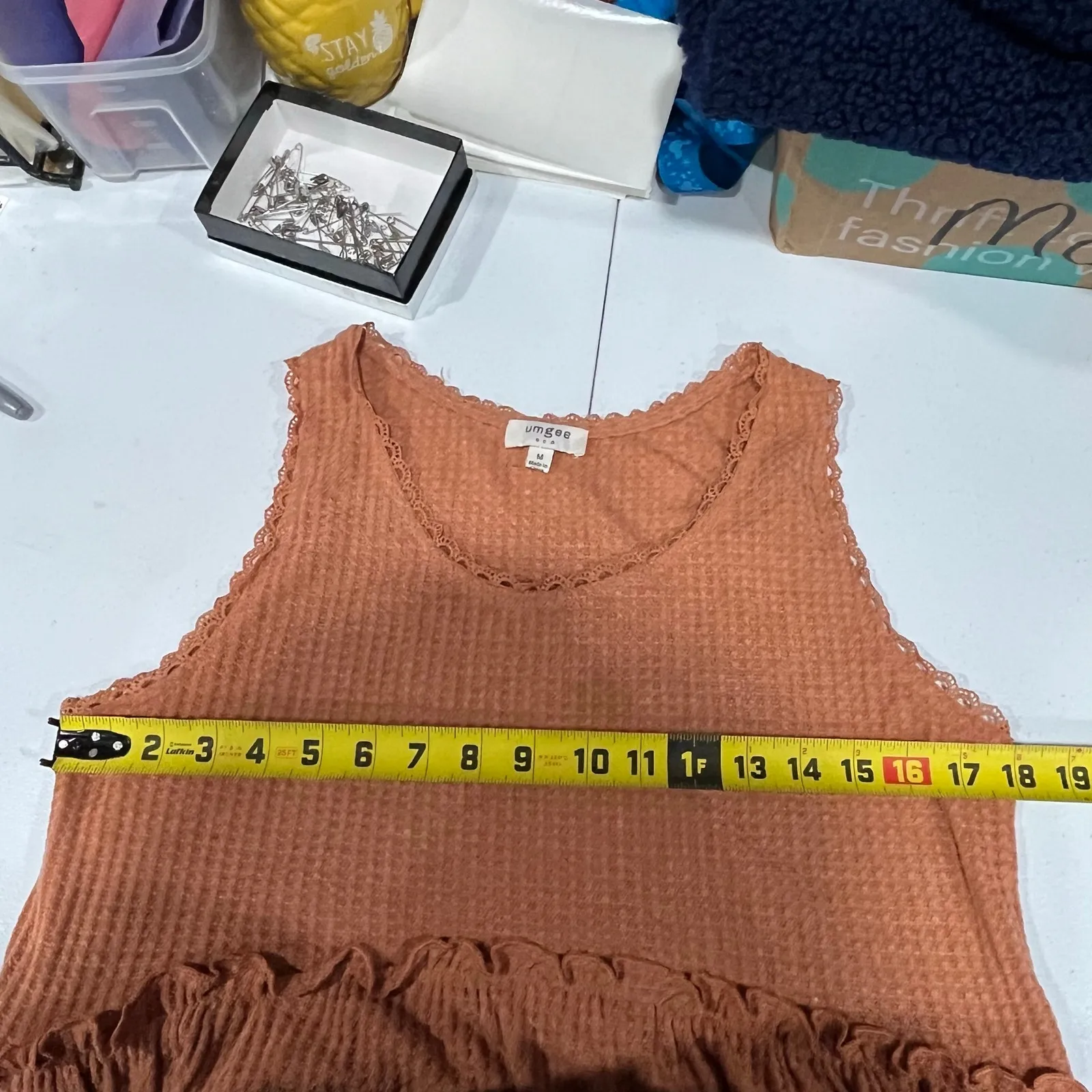 UMGEE Orange Tiered Waffle Knit Babydoll Tank Top Tunic Womens Medium - Image 5