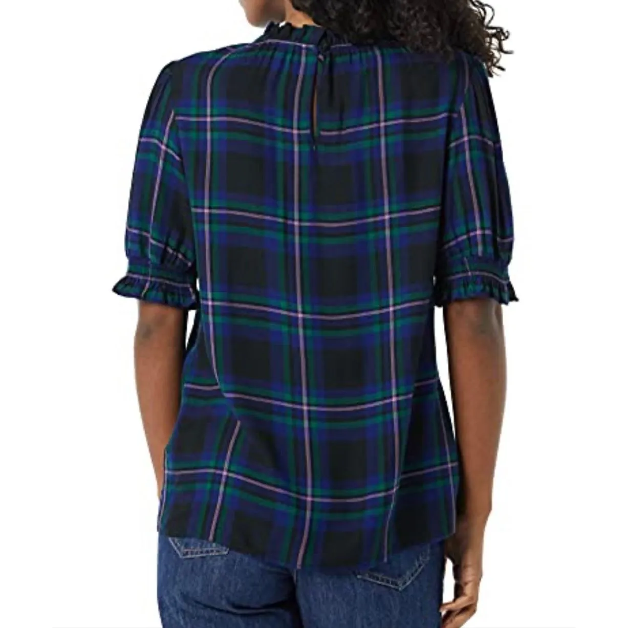 Amazon Essentials plaid ruffle neck flannel top size large Blue - Image 2