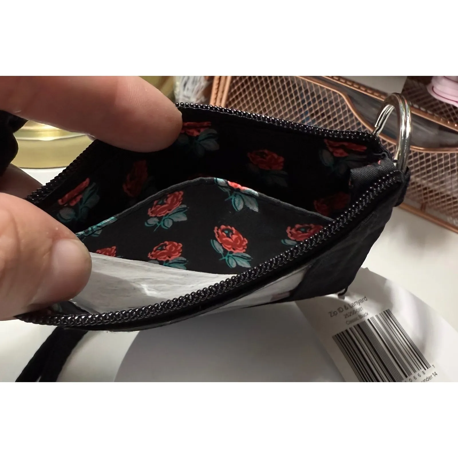 Vera Bradley Zip ID Lanyard ID Card Holder Wallet Classic Black Microfiber Roses - Image 5