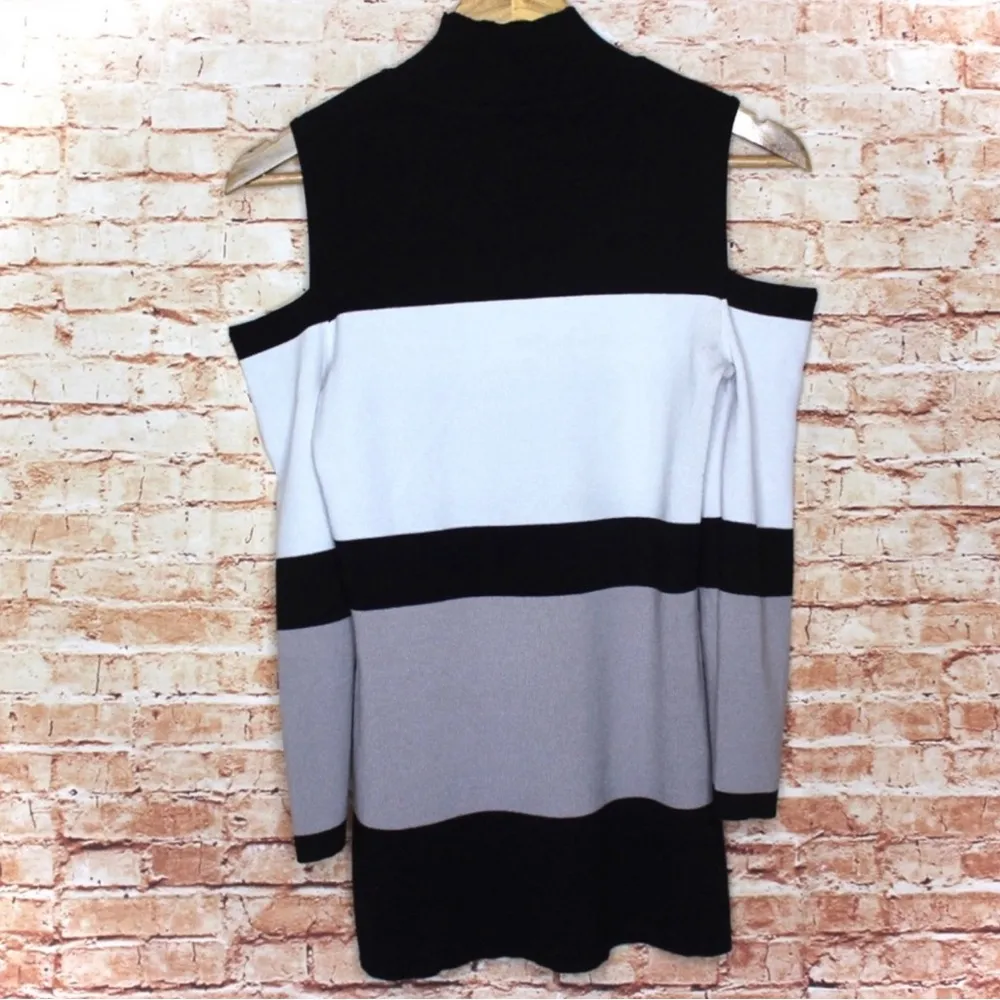 Vince | Cold Shoulder Black & Gray Striped Mock Neck Sweater - Image 7