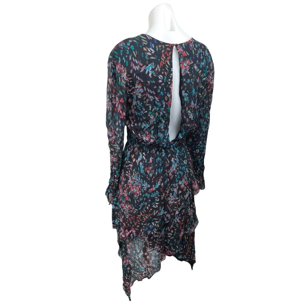 IRO Blank Black Floral Long Sleeve Ruffle Tiered Asymmetric Midi Dress 38 US 6 - Image 4