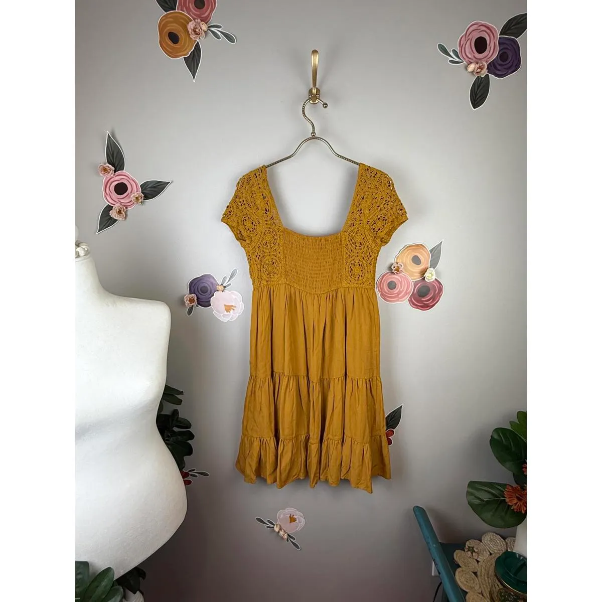 SO Boho Yellow Mustard Crochet Mini Dress - Size - Small - Image 3