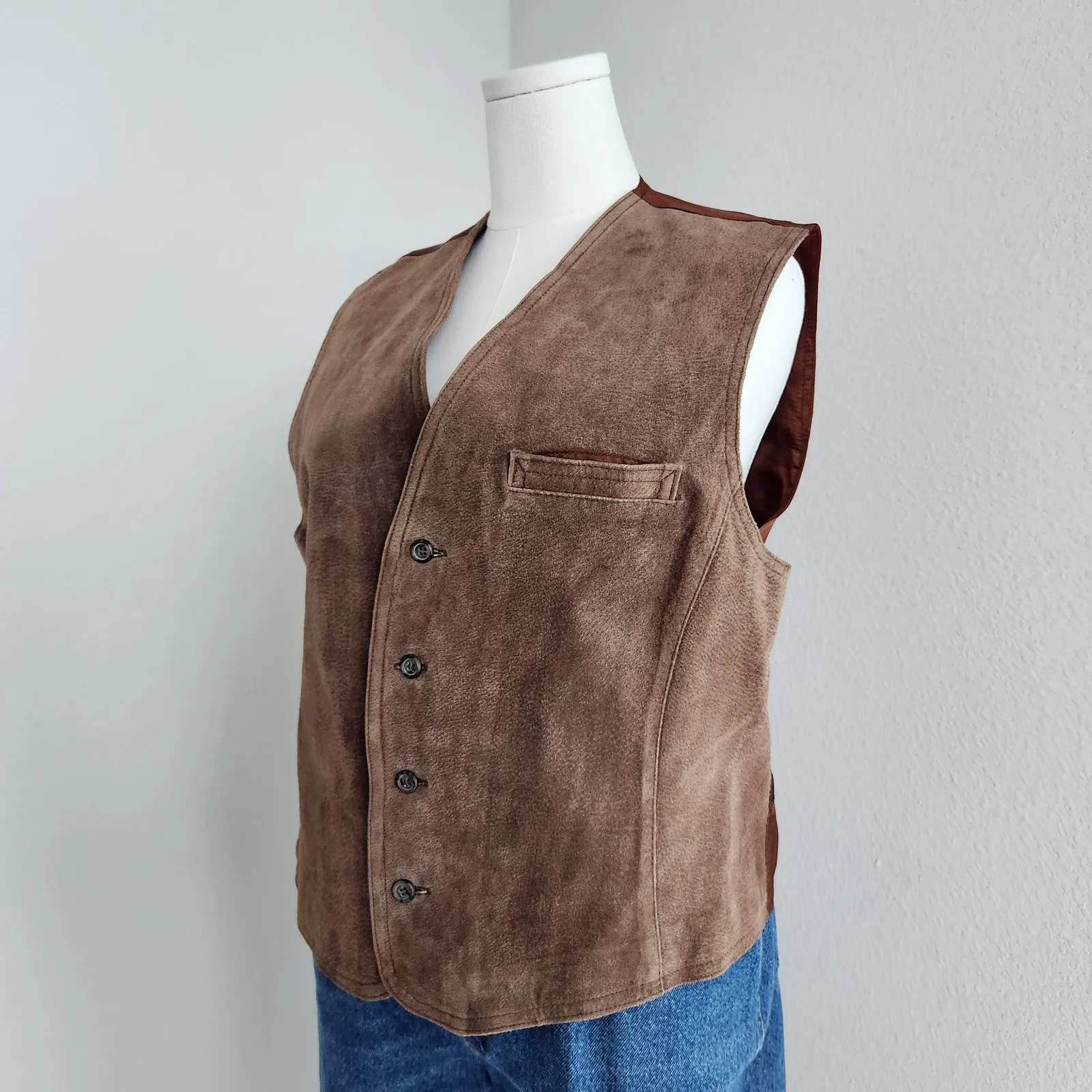 Vintage 90s Brown Genuine Leather Vest Button Down Western Suede Sleeveless XL - Image 5