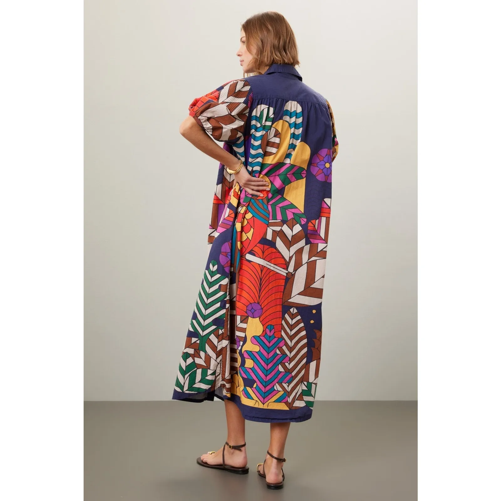 Carolina K Valerie Pleated Geometric Print Puff Sleeve Midi Kaftan Dress Size XS Blue - Image 2