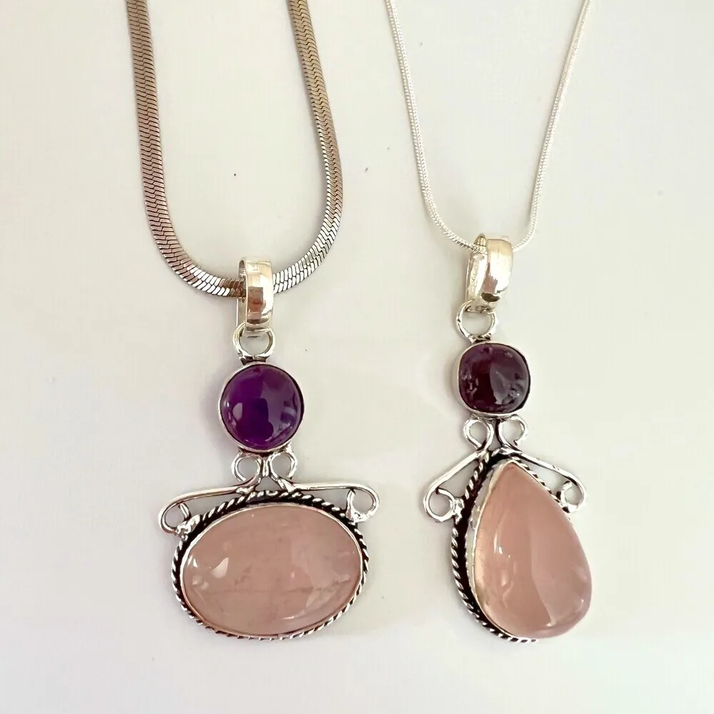 925 Sterling Silver Amethyst Rose Quartz Necklace Angel gemstone womens jewelry Pink - Image 6
