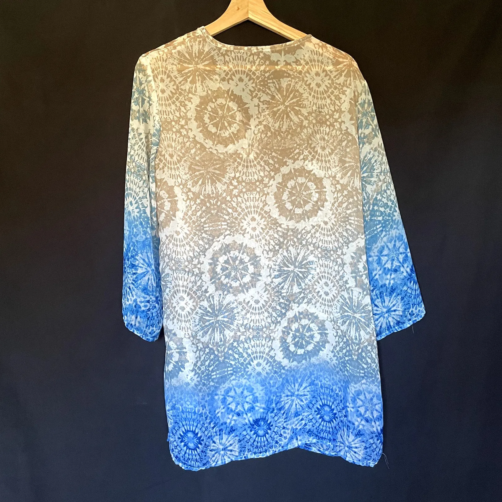 Portocruz geometric blue tan beige swimsuit coverup long sleeves flowy boho L Size L - Image 8