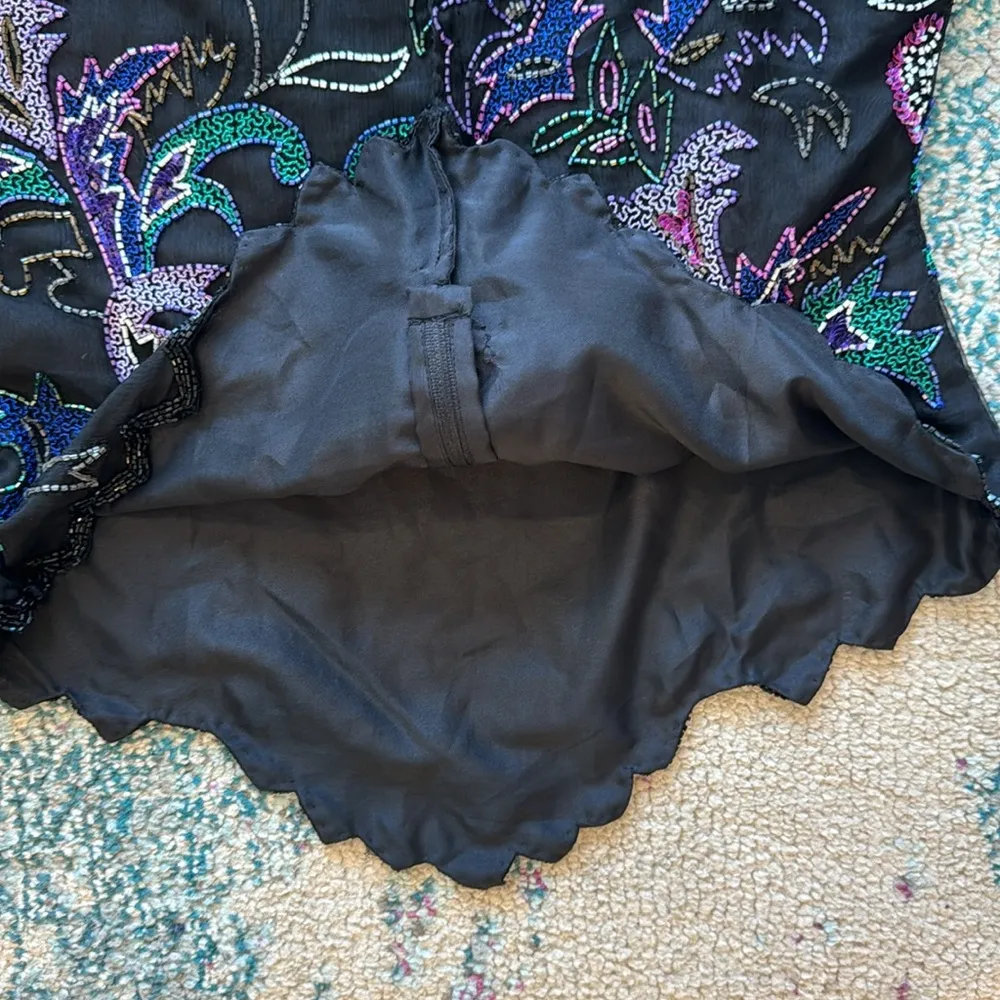 Vintage Laurence Kazar Silk Beaded Floral Blouse Black Multicolor Large - Image 8