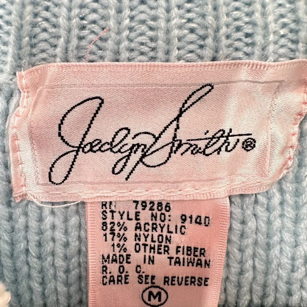 Vintage Pastel Blue Grannycore Coquette Mixed‎ Media Rose Pearl Mockneck Sweater Size M - Image 10