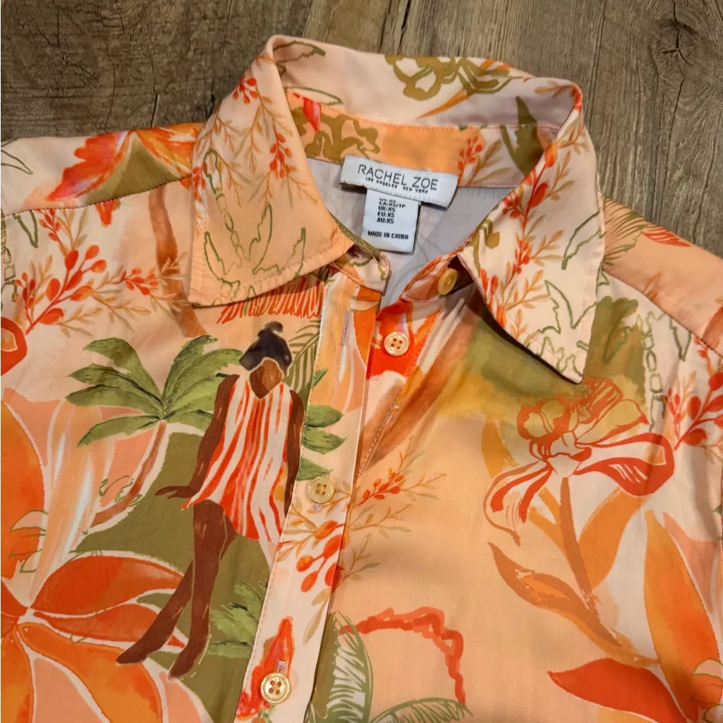 Rachel Zoe Vibrant Floral Tropical Button Up Long Sleeve Orange - Image 3