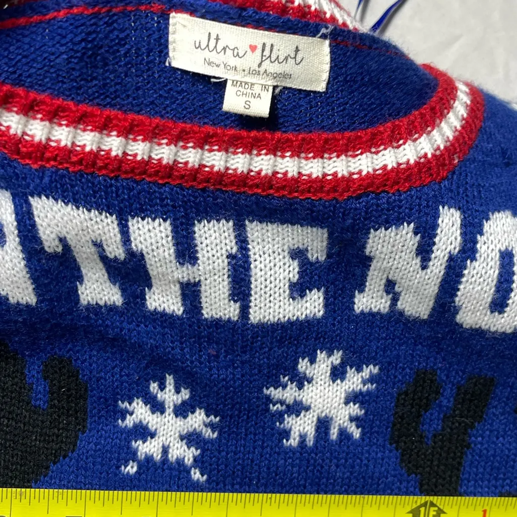 Ultra Flirt Women’s Sweater Blue Acrylic Sz Small Pin The Nose On Rudolph Red - Image 12