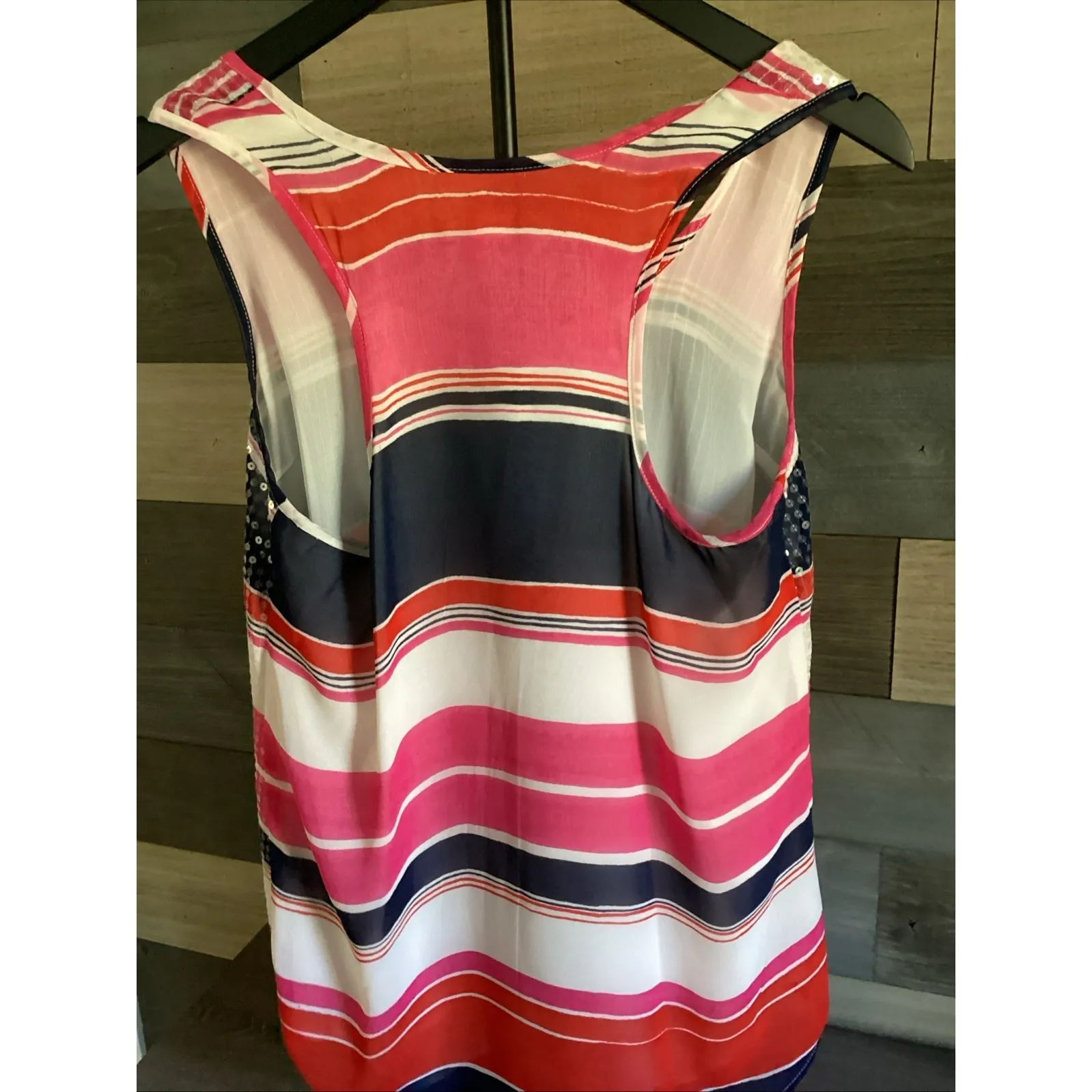 Vince Camuto St Barts Bianca Pink Striped Sequin Chiffon Tank Top Sz Small - Image 6