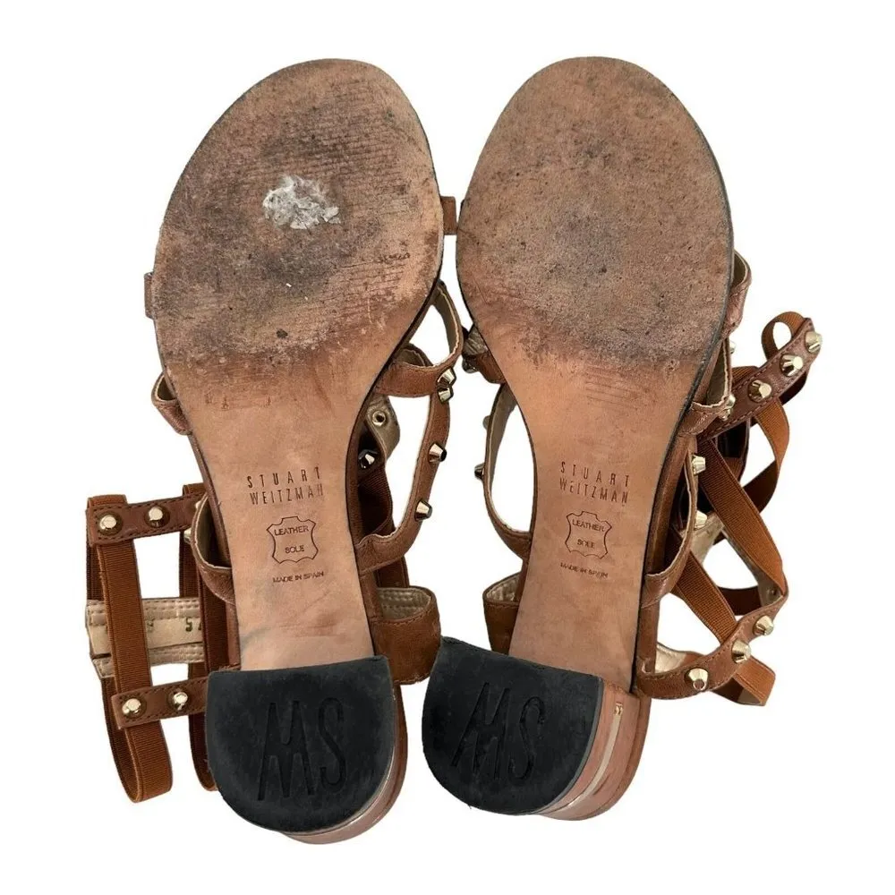 STUART WEITZMAN Brown Leather Studded Gladiator Cage Heeled Sandals Size 6.5 - Image 7