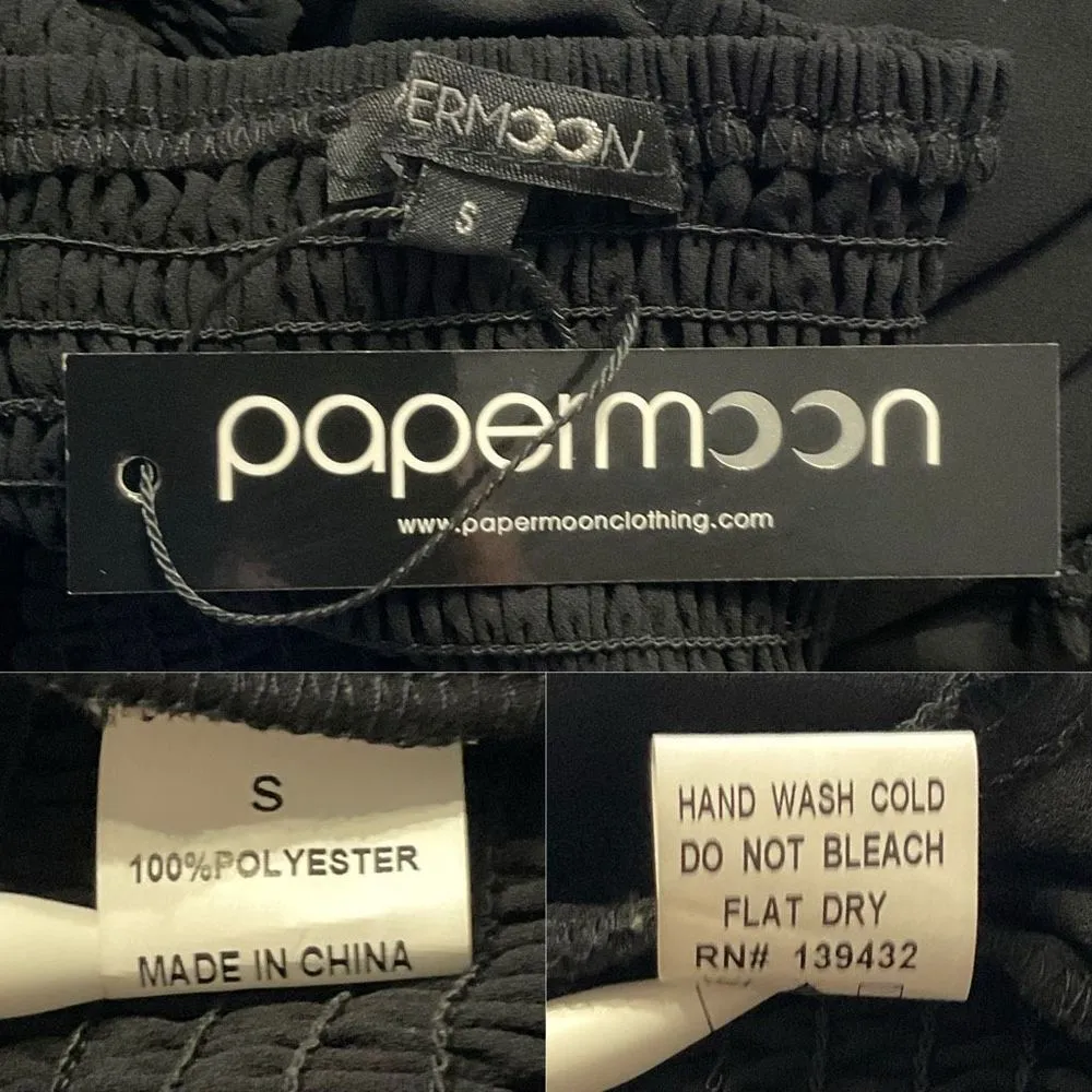 Papermoon Black Front Tie Shirred Sheer 3/4 Sleeve Crop Top Small New - Image 4