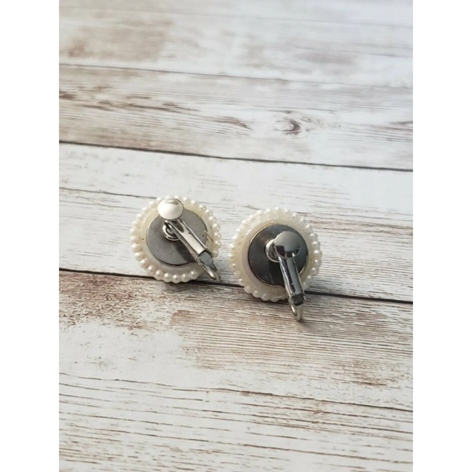 Vintage Clip On Earrings Faux Pearl Wrapped Dome Just Over 0.75" Wide - Image 3