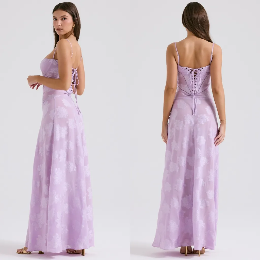 HOUSE OF CB 'Seren' Soft Lilac Orchid Purple Floral Lace Back Maxi Dress - Image 3