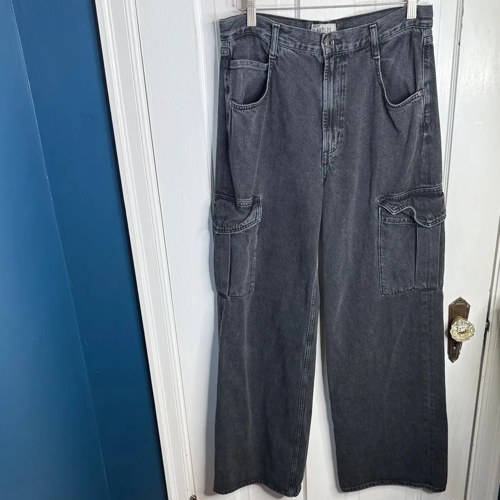Agolde Minka Cargo Denim Wide-leg Jeans in Black W1887 Sz 28 - Image 5