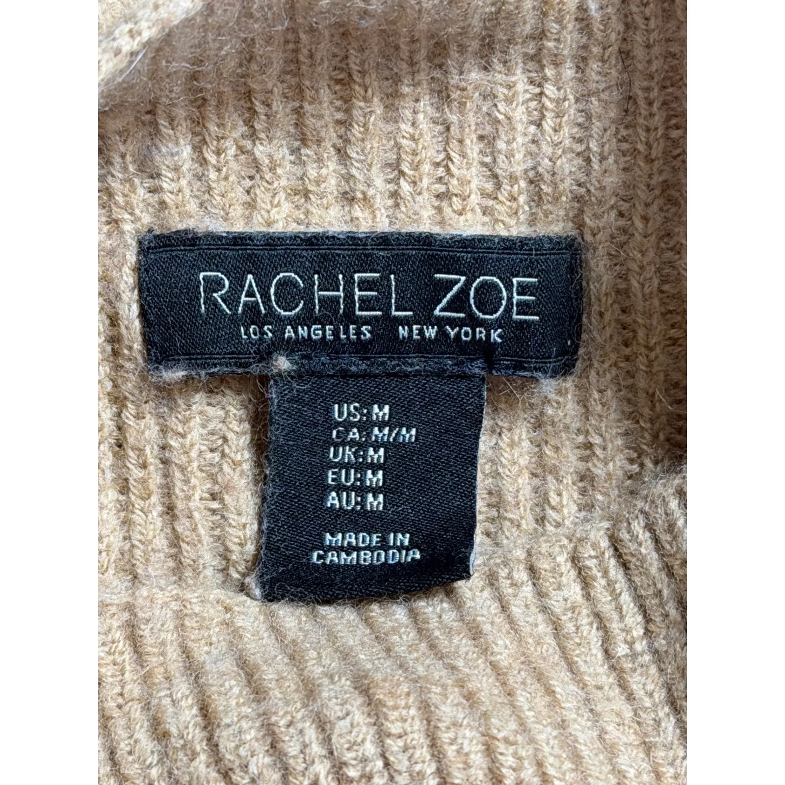 RACHEL ZOE Mock Neck Ribbed Merino Wool Blend Sweater Camel Tan Women's M - Image 5