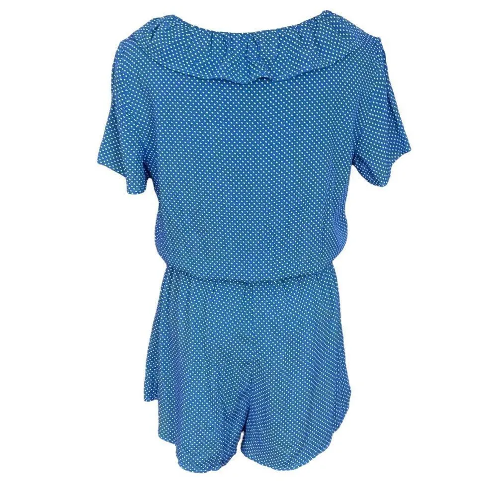 Wild Honey Blue Micro Polka Dot Wrap Front Ruffle Romper M - Image 3