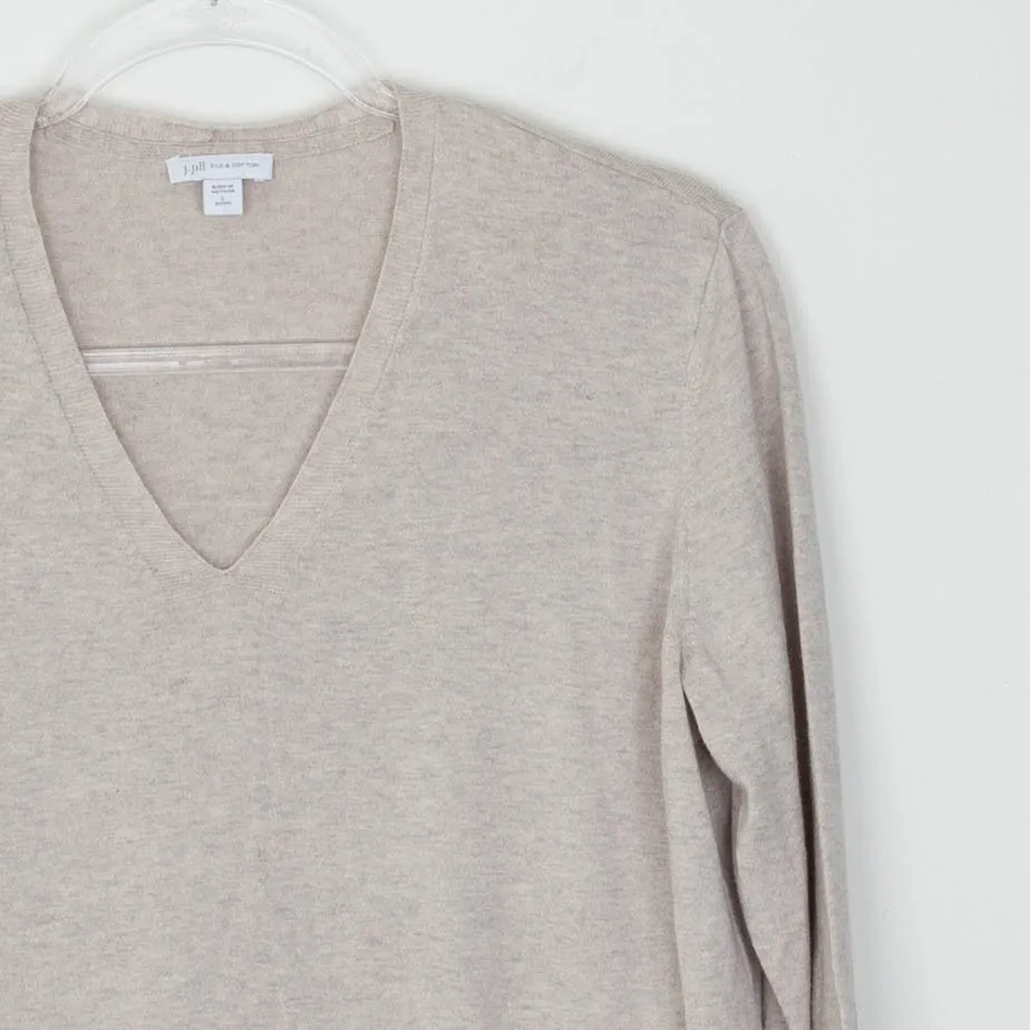J. Jill Silk Cotton V Neck Long Sleeve Sweater Beige L Petite Minimalist Neutral Tan Size undefined - Image 2
