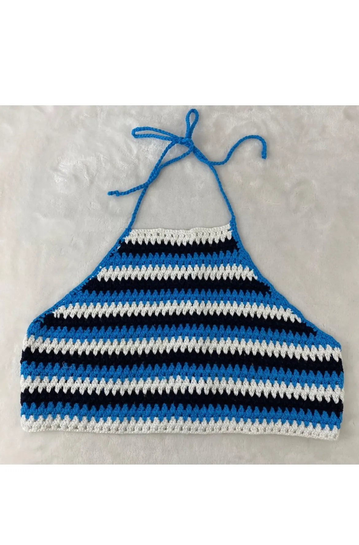 NWT Blue/Black Ziggy Stripe  Crocheted Halter Top - Image 4