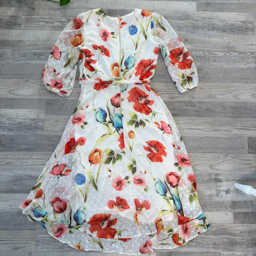 Roz + Ali white floral faux wrap midi dress belt tie lined sheer sleeve 6 I17 - Image 9