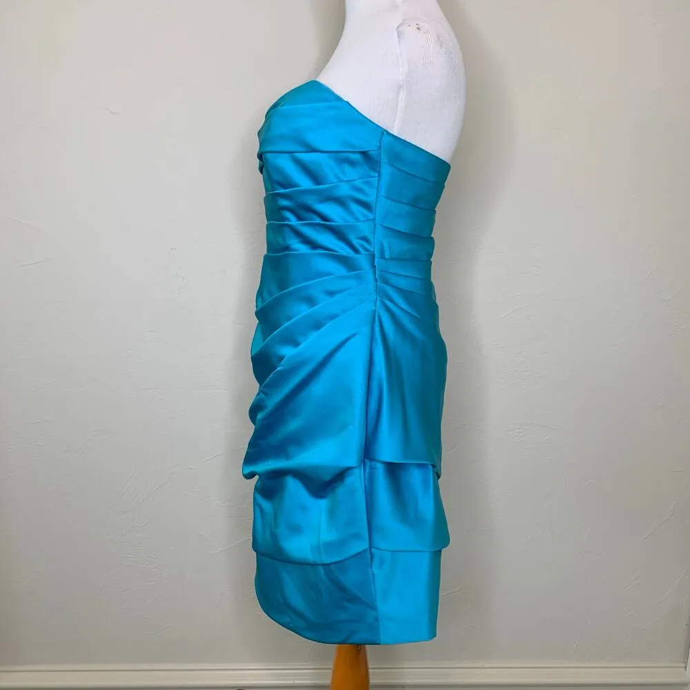 David's Bridal Turquoise Blue Satin Cocktail Dress Ruched Sz 8 - Image 3