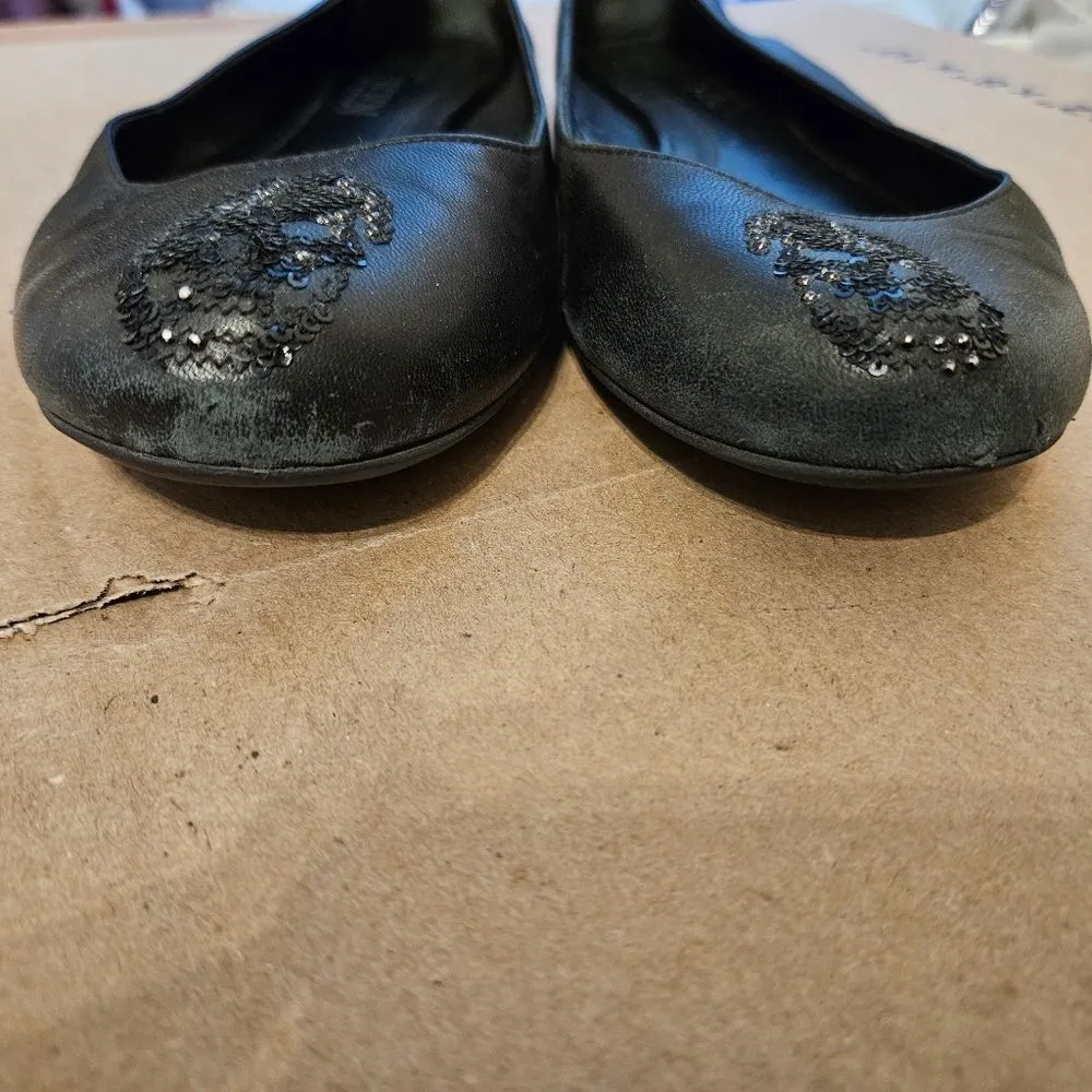 Alexander Mcqueen Black Leather Skull Flats Women's Size 38 Sequins Slip on Shoe - Image 5