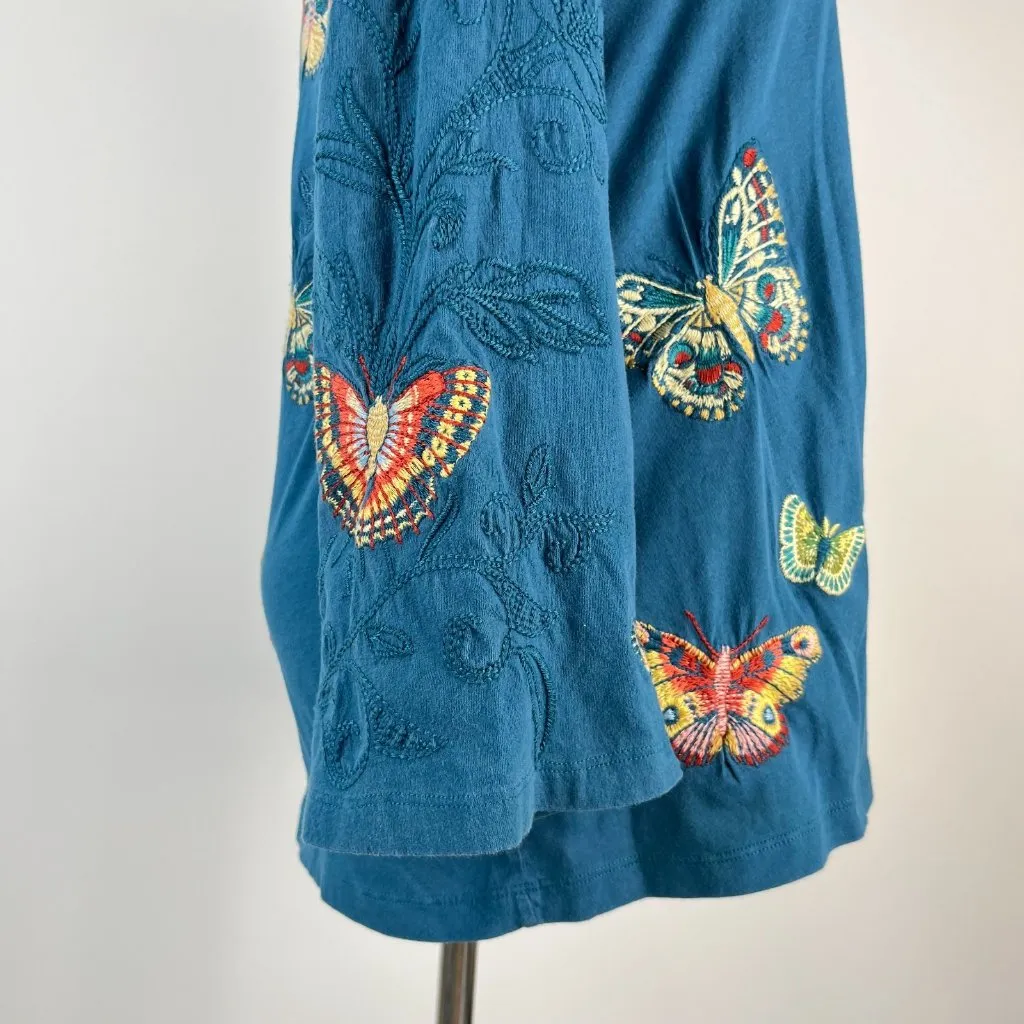 Johnny Was Embroidered Butterfly Tee T-Shirt Blue Cotton Size S - Image 4