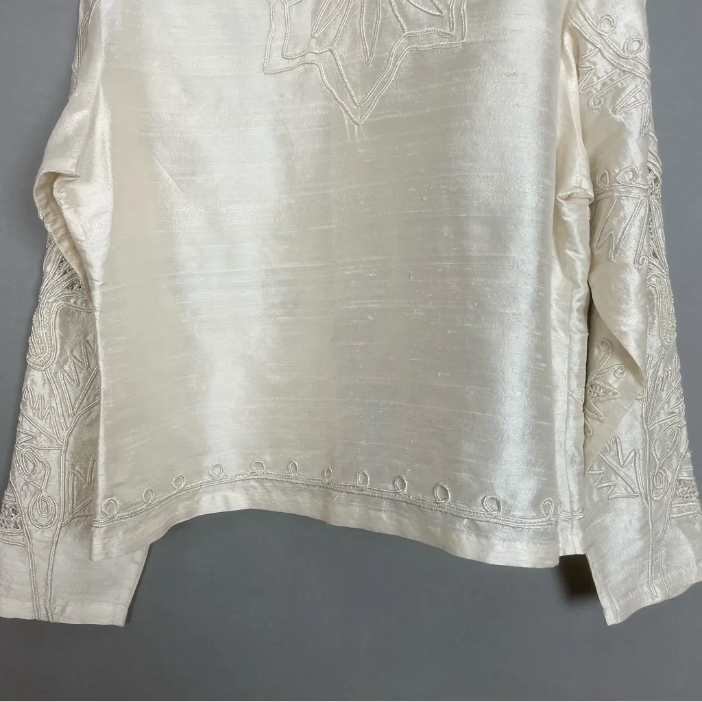 Silk Jacket White Ivory Beads Lace Shell Buttons Norm Thompson Medium Elegant - Image 6