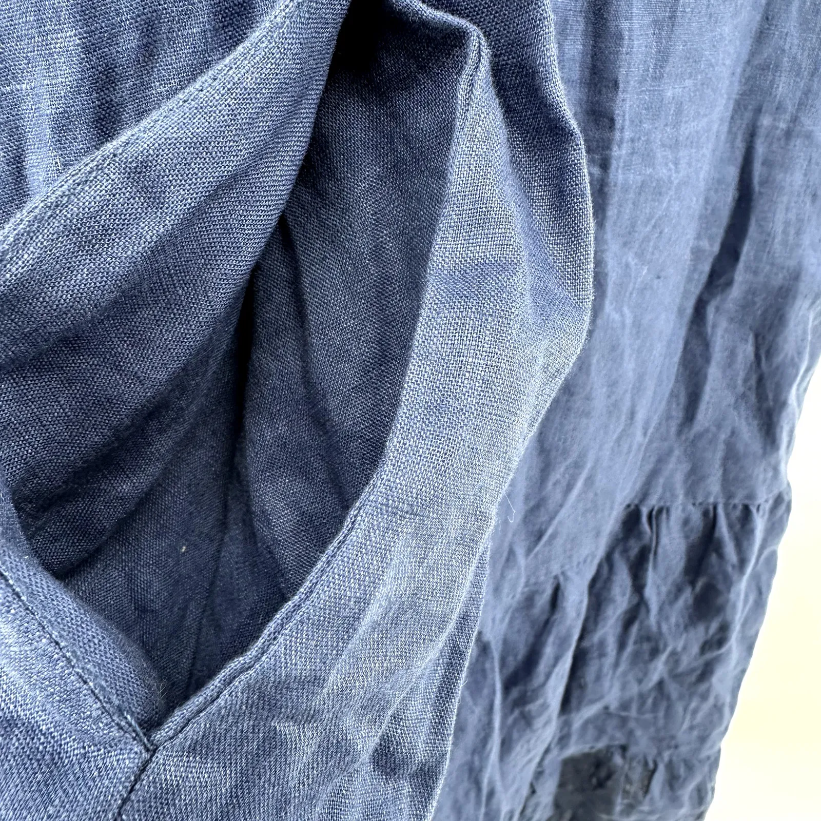 Grae Cove 100% Linen Dress Midi Chambray Tiered A Line Pockets V - Image 2