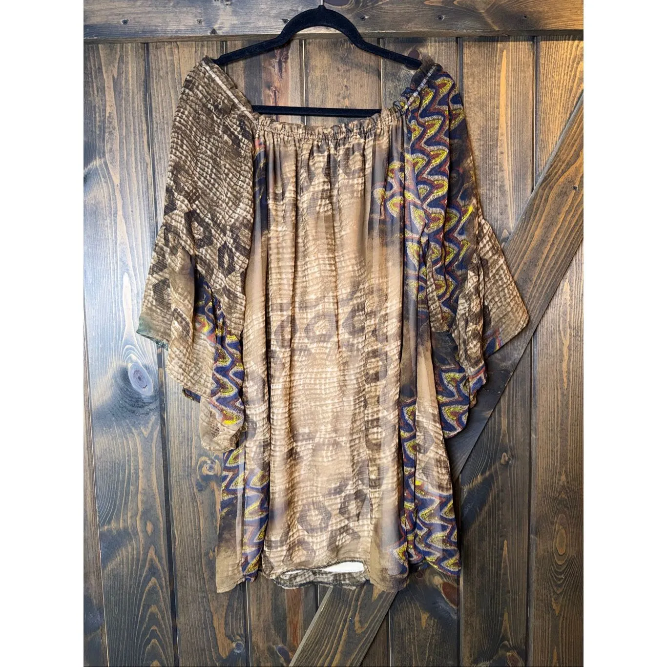 Black Bead Abstract Print Tunic Top Off The Shoulder - Image 2