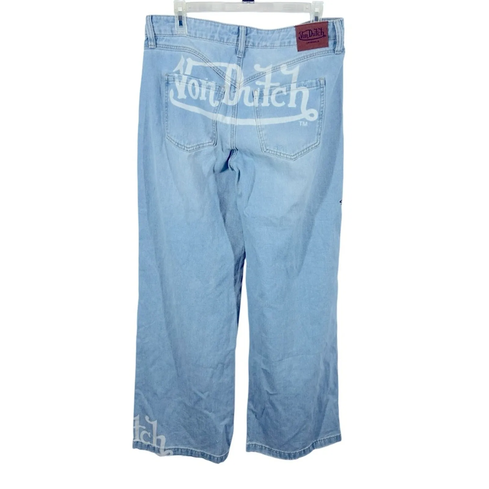 Von Dutch Y2K Patchwork Wide Leg Jeans NWOT Light Wash Distressed Size 7 - Image 9