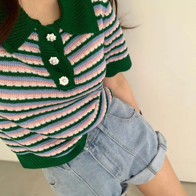 NWOT Loose Knit Green & Pink Stripped Sweater With White Flower Buttons Size M Size M - Image 3