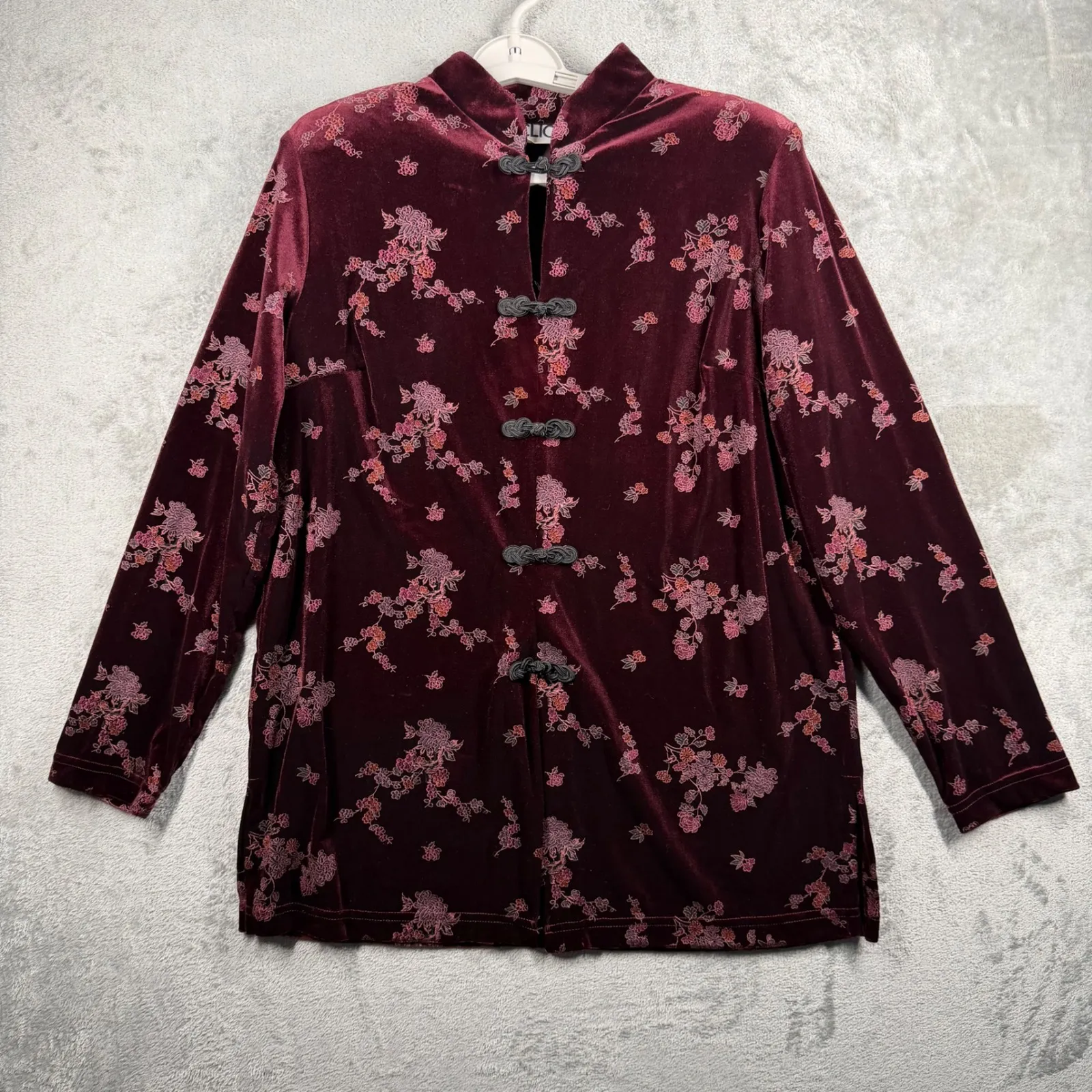 Clio Vintage 90s Velvet Frog Closure Mandarin Collar Floral Jacket Wine Red Med - Image 2