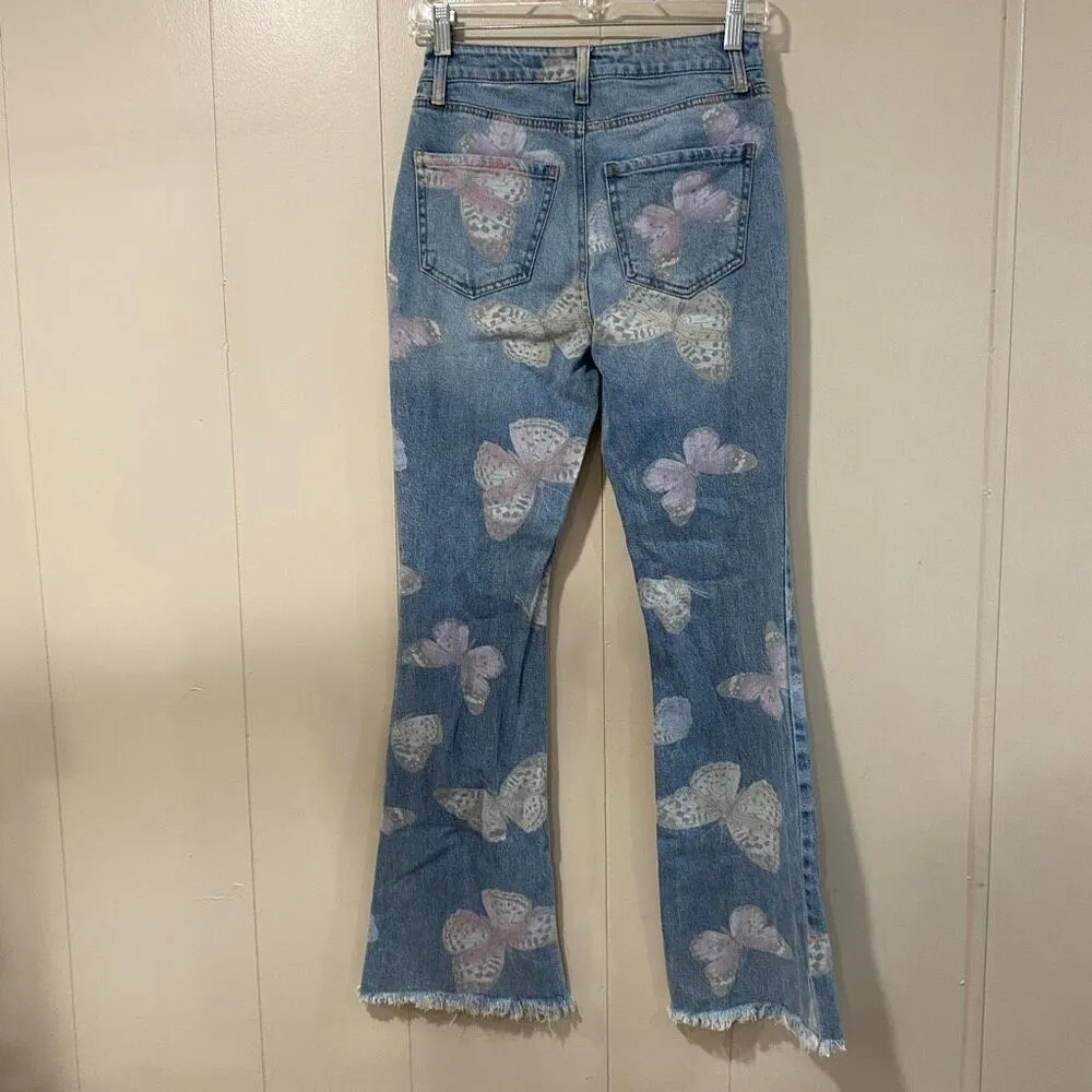 Tinseltown Women’s Size 3 Butterfly Print Flare Jeans Frayed Hem Y2K - Image 2