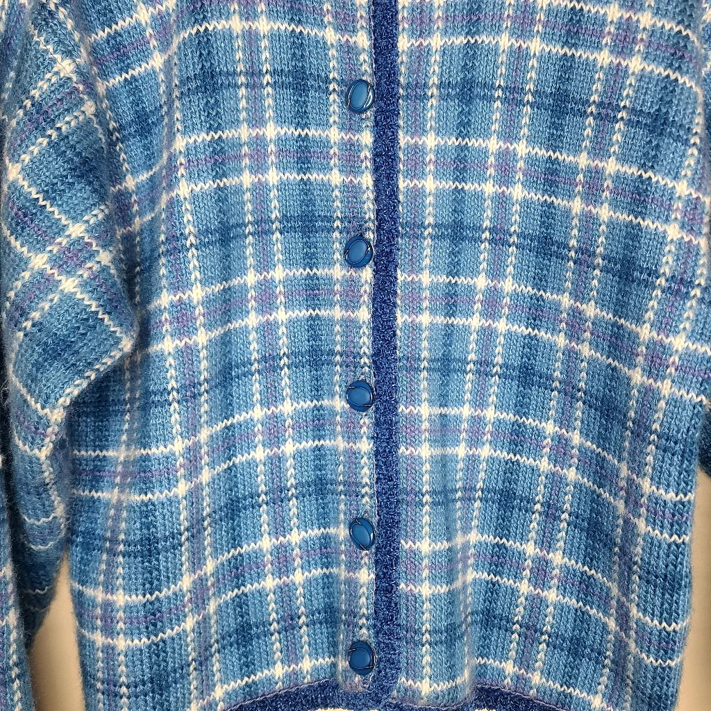 Vtg Pendleton Country Sophisticates Blue Plaid Wool Blend Sweater Cardigan Sz M - Image 2
