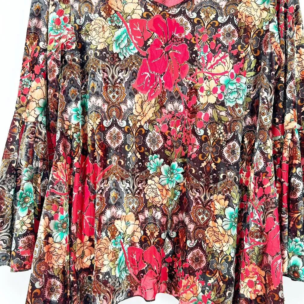 LM London Muse Womens Lagenlook Dark Flare Sleeve Velvet Burnout Floral Blouse M Red Size M - Image 6