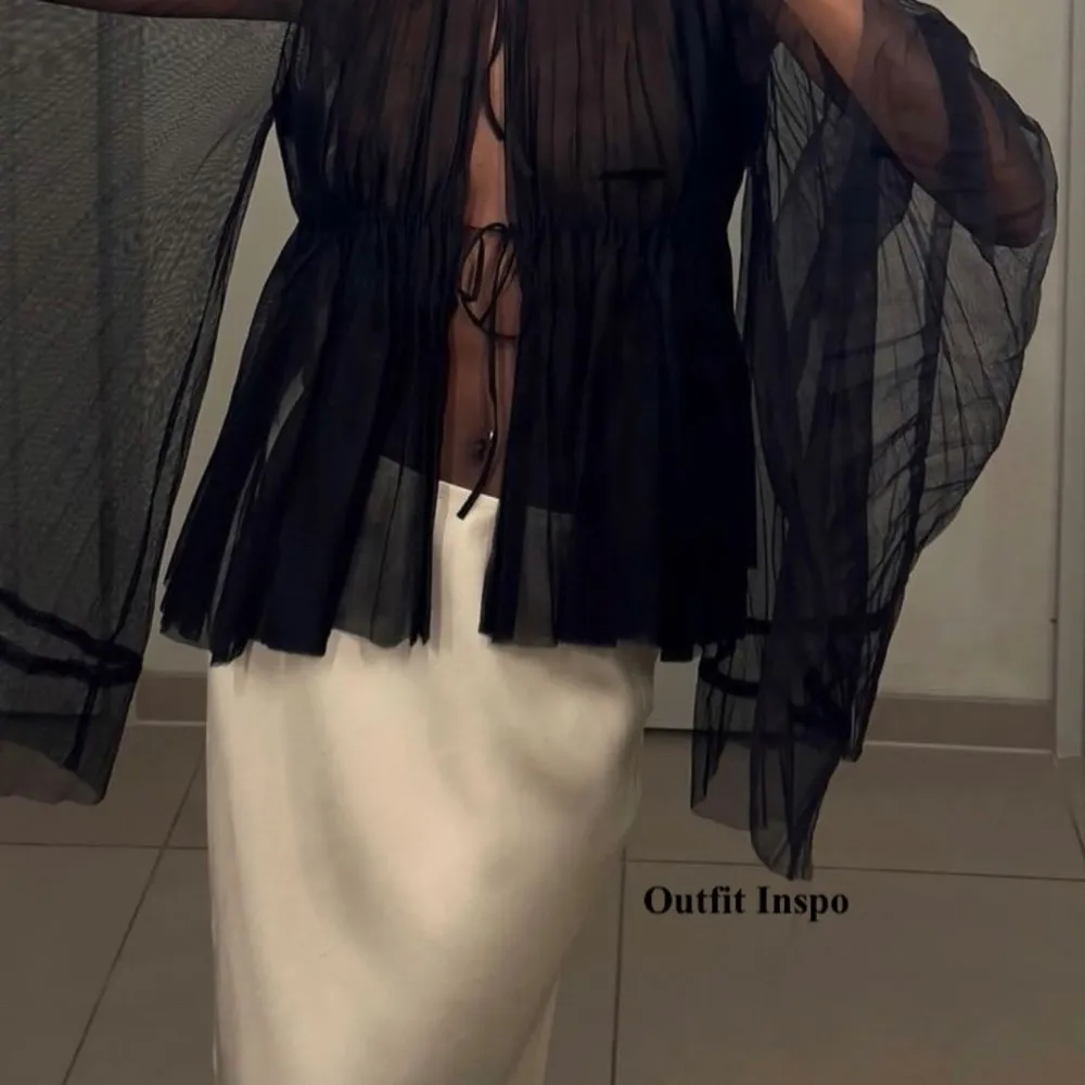 SHEER BLACK LONG SLEEVE RUFFLE NECK TOP #0367 - Image 7