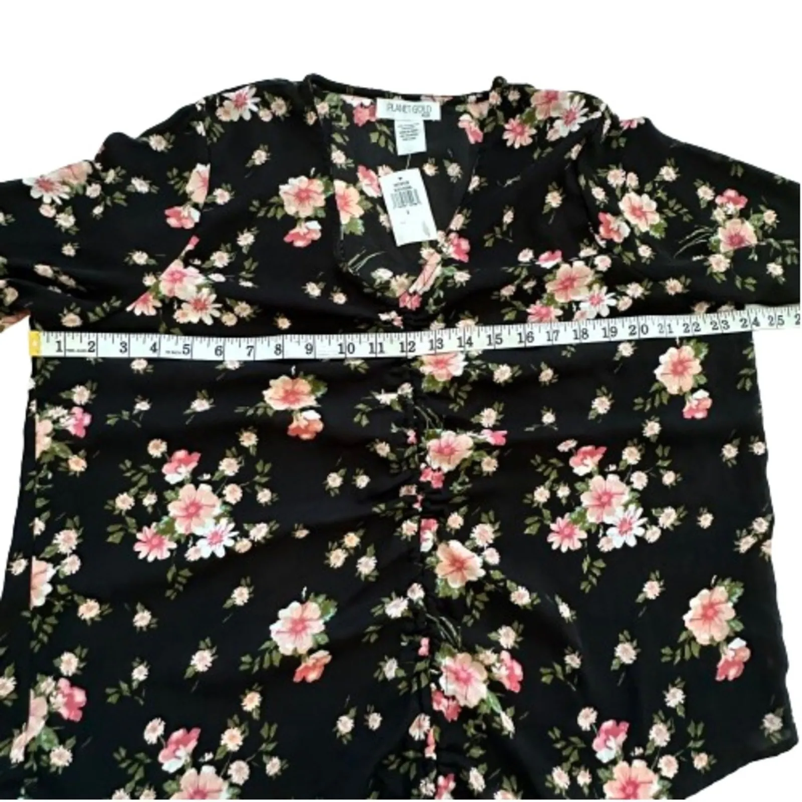 Planet Gold Top Blouse Black Pink Floral V-Neck Bell Sleeve Top Size 1X NEW - Image 12