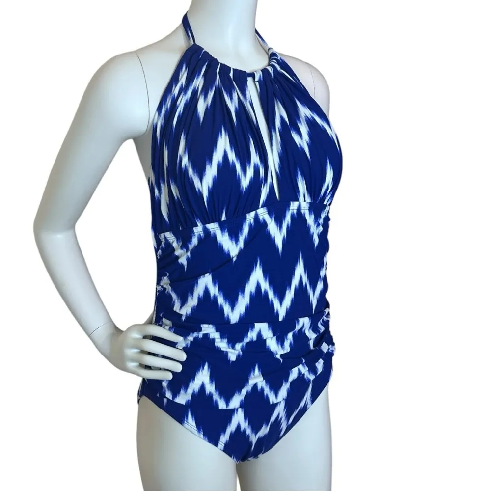La Blanca Women’s Blue & White Ikat Halter Neck One-Piece Swimsuit Beach Pool - Image 2