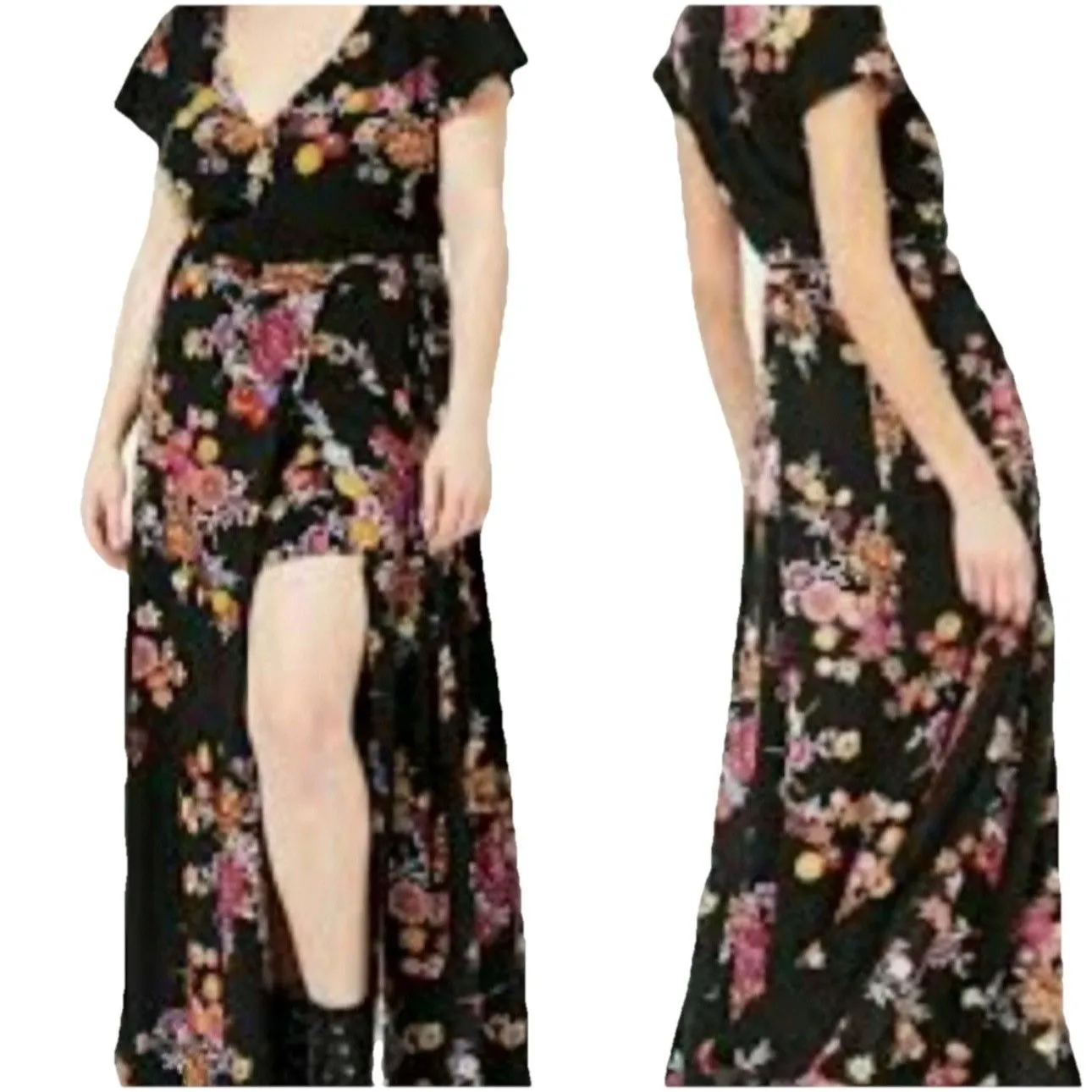 Forever 21 Plus Maxi Romper Dress Cap Sleeves V-Neck Size 1X Black Dark Floral - Image 2