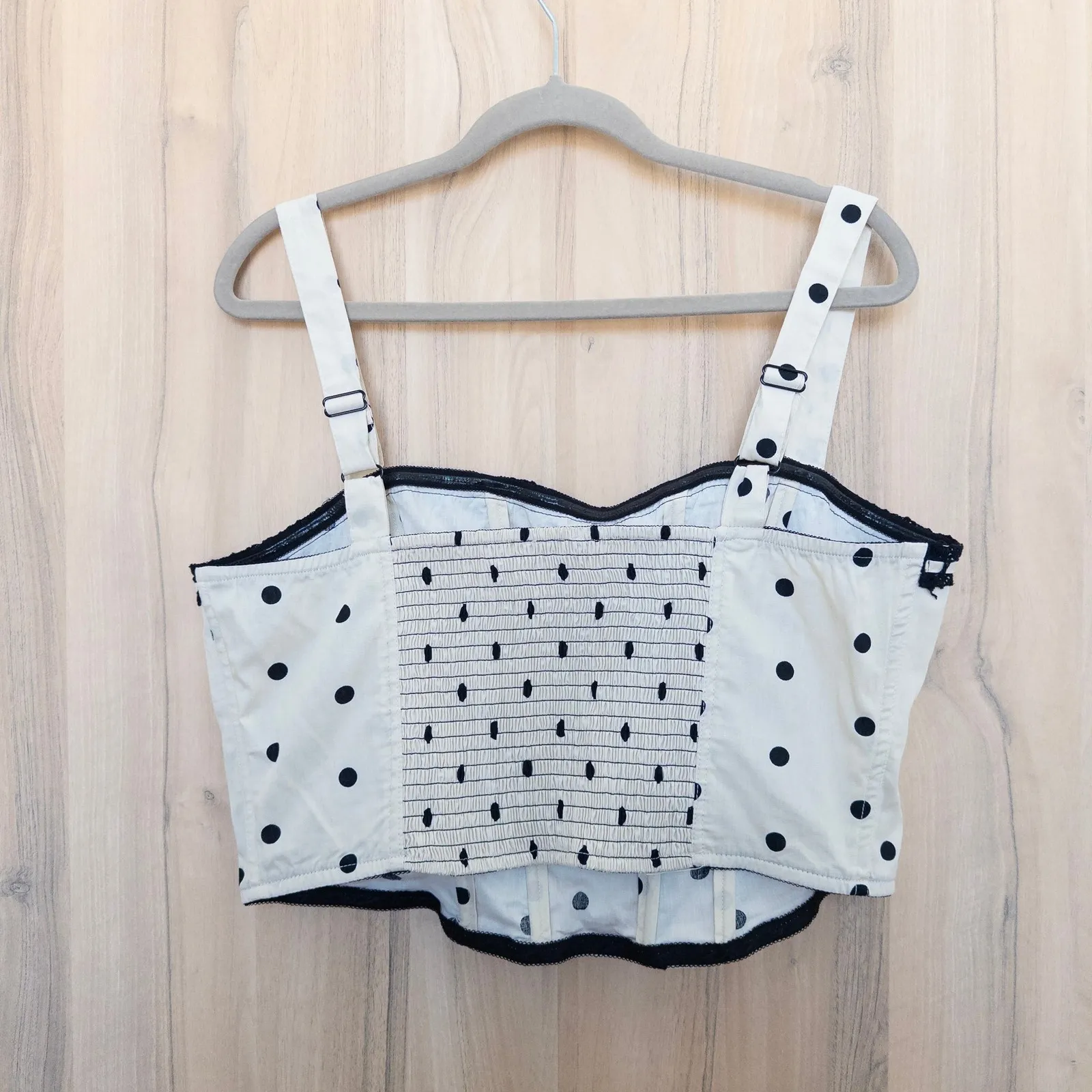 Womens Polka Dot Corset Crop Top Size XL Cream Black Lace Up Retro Y2K Femme - Image 4