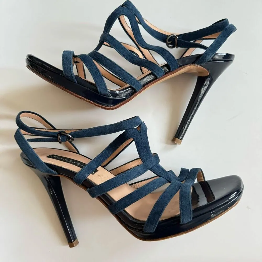 Bacta Dei Toi Made In Italy Mixed Leather 4.5” Heel Navy Sandals Size 37 6.5 Blue - Image 3