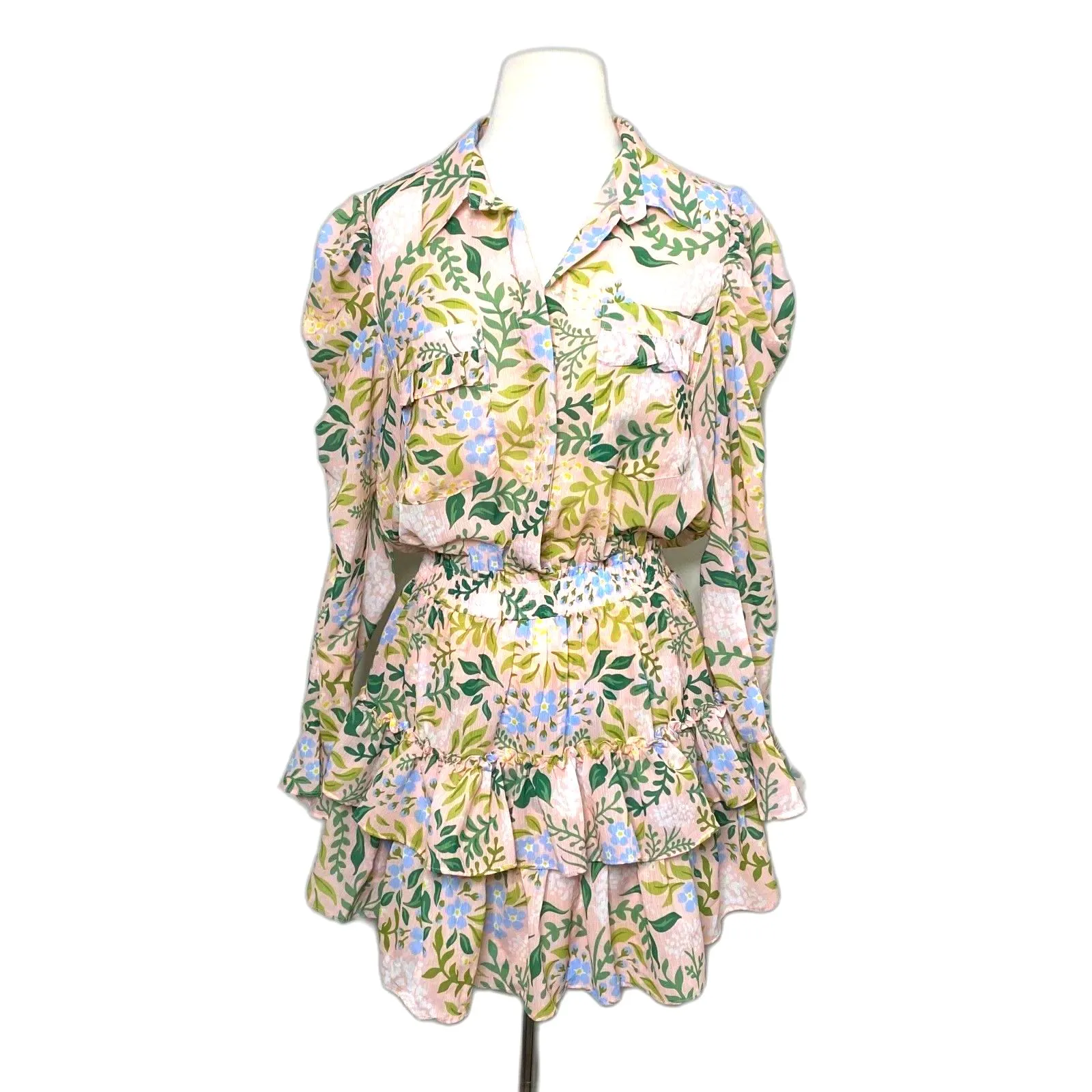 Sincerely Ours Pink Floral Puff Sleeve Mini Dress Ruffle Detail Cottagecore Sz M Size M - Image 2