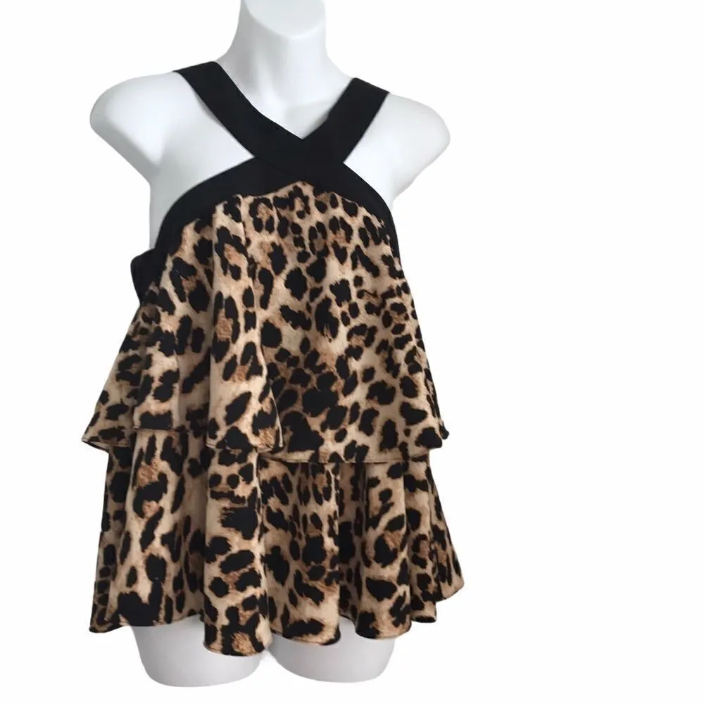 Bloomingdale’s Leopard Print Criss Cross Ruffle Tired Flowy Halter Top M NWT Brown Size M - Image 13