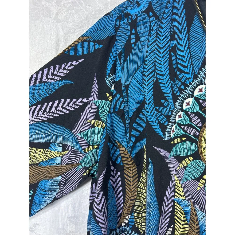 Bob Mackie Top 2X Black Blue Purple Feather Print 1/2 Zip Satin Tribal Peacock - Image 4