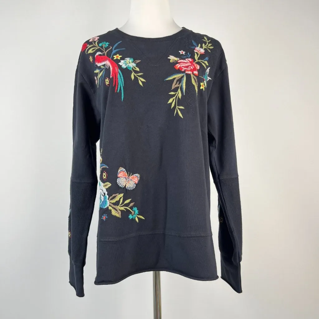 NWOT Johnny Was Embroidered Floral Butterfly Bird Pullover Black Sweatshirt Sz S - Image 2