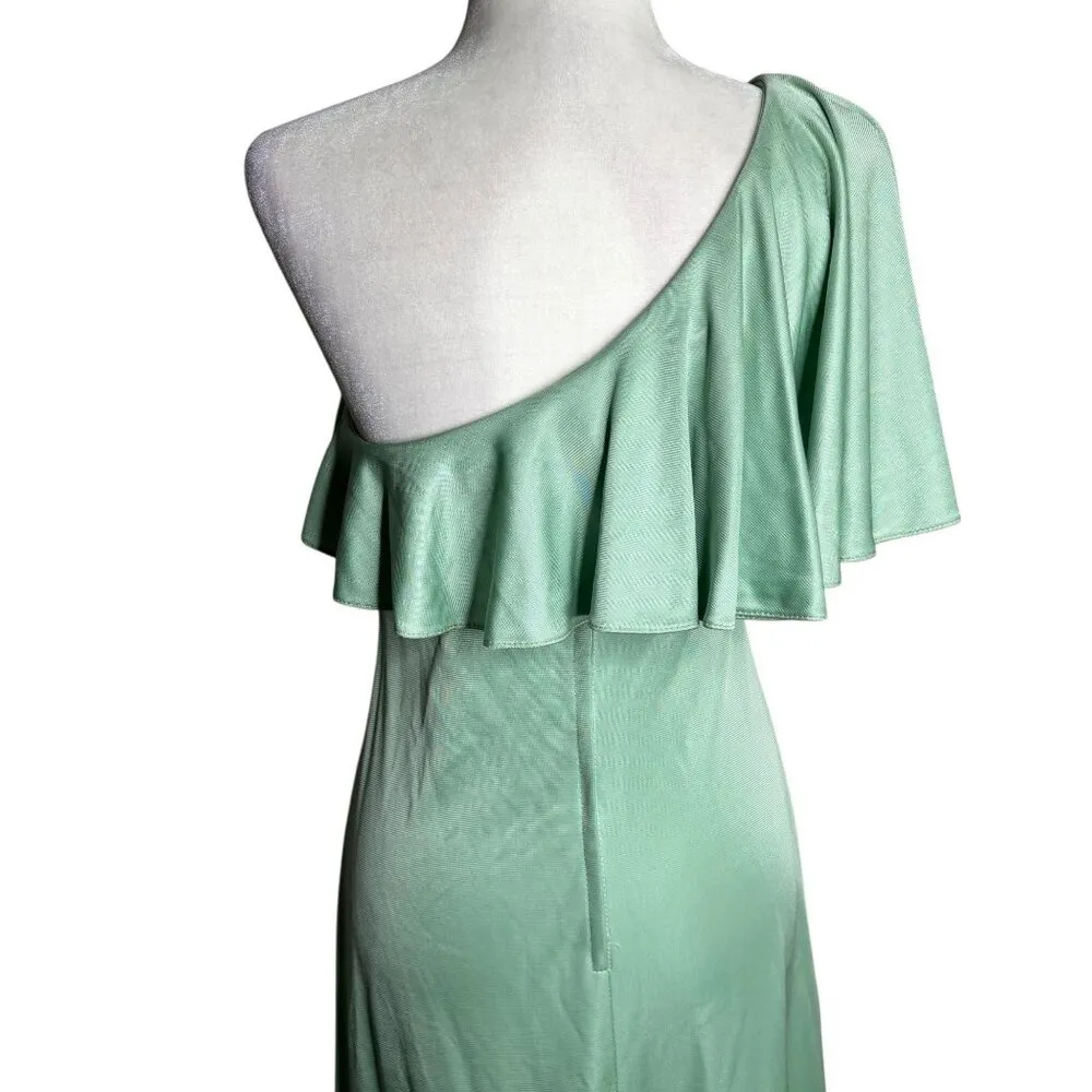 Vintage 70s One Shoulder Mint Green Maxi Dress Small Ruffle Overlay Zipper - Image 6