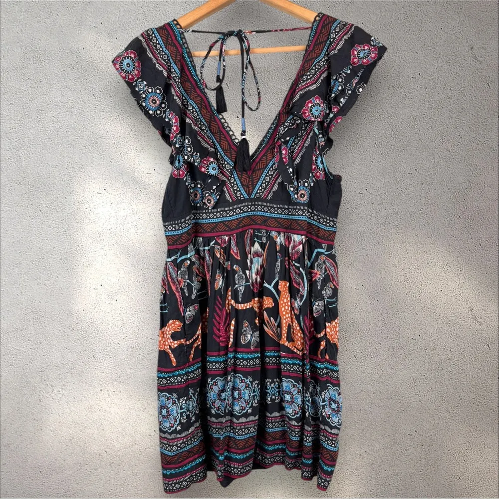 Anthropologie V-Neck Plunge Tunic Mini Dress Black Motif Jungle‎ Size XS - Image 8