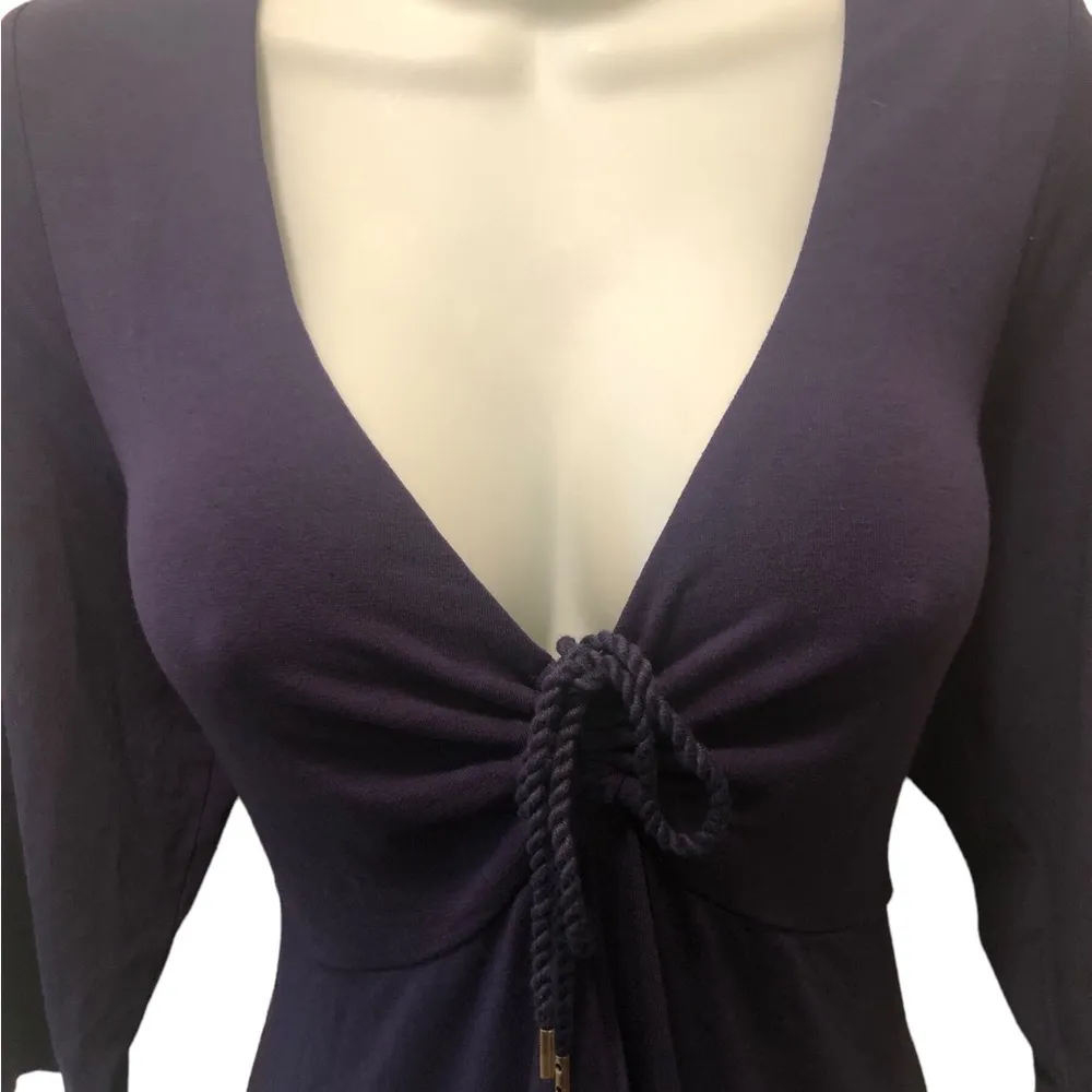 Navy Blue Midi Jersey Knit Dress Size L Tied Bust Waterfall Skirt - Image 3